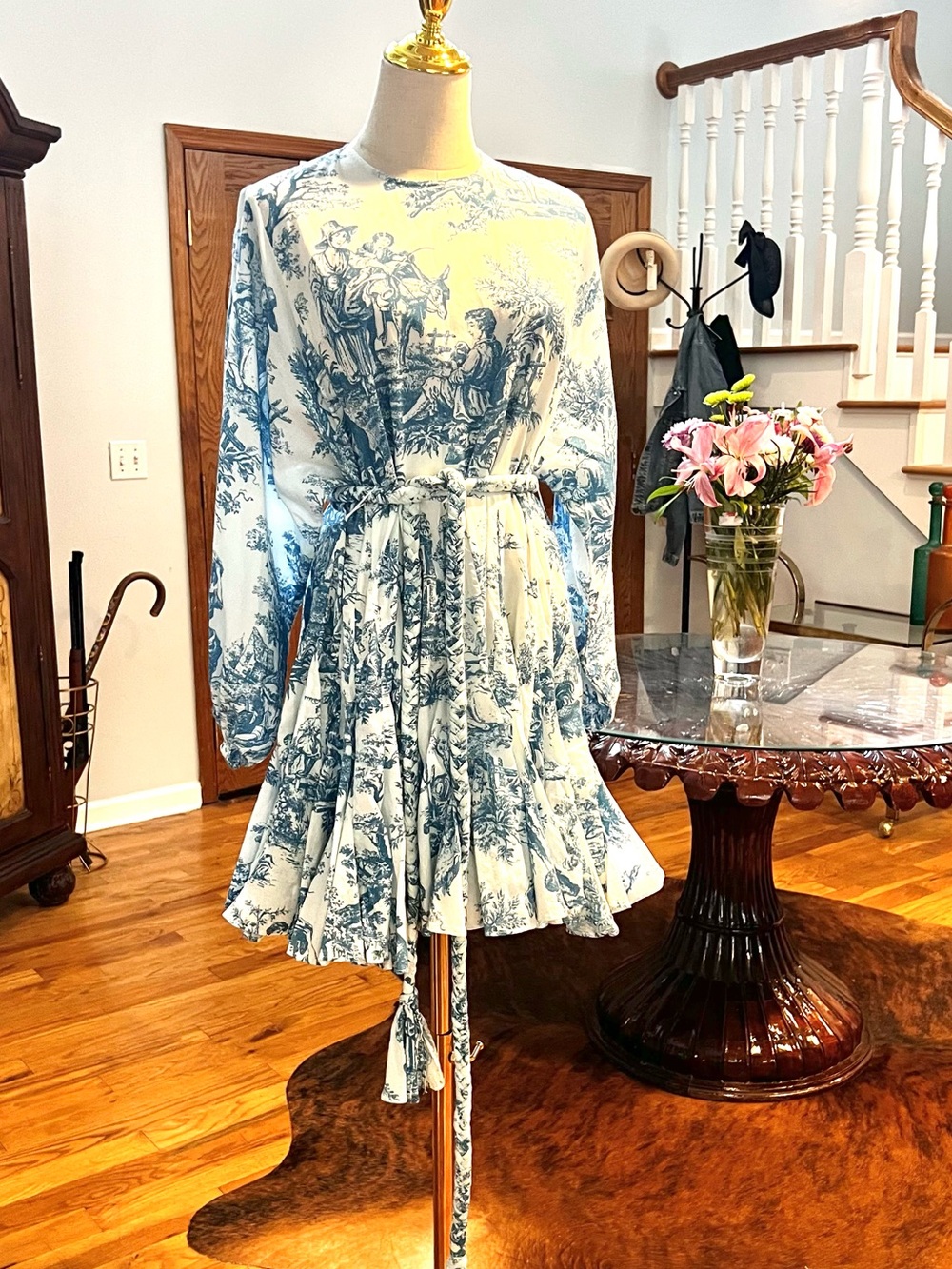 RHODE Blue White Chinoiserie Toile Puff Sleeve Resort Mini Dress Size Small - Picture 5 of 8